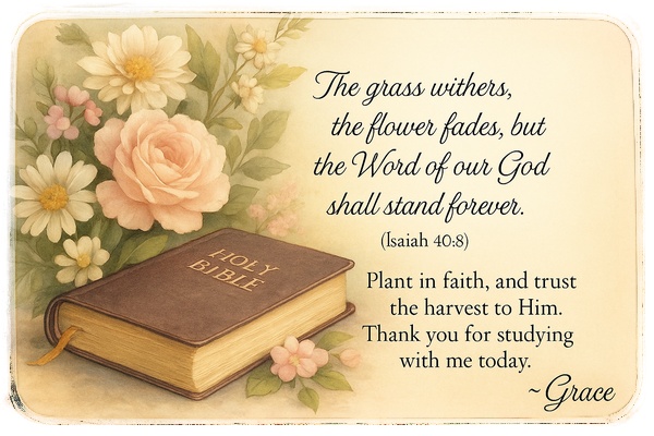 Bible and flowers with Isaiah 40:8 and Grace’s closing message